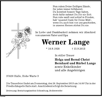 Traueranzeige von Werner Lange von Deister- und Weserzeitung