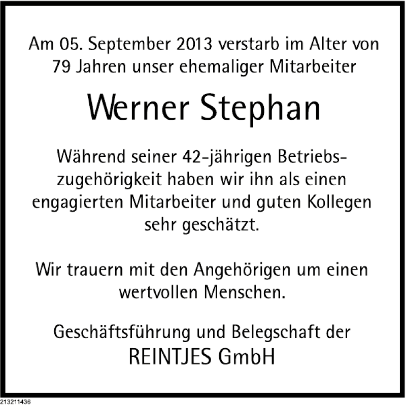  Traueranzeige für Werner Stephan vom 07.09.2013 aus Deister- und Weserzeitung