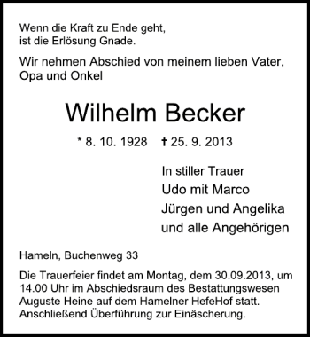 Traueranzeige von Wilhelm Becker von Deister- und Weserzeitung