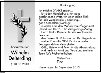 Traueranzeige von Wilhelm Deiterding von Deister- und Weserzeitung