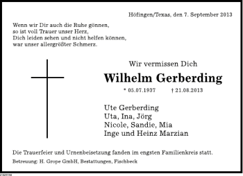 Traueranzeige von Wilhelm Gerberding von Deister- und Weserzeitung