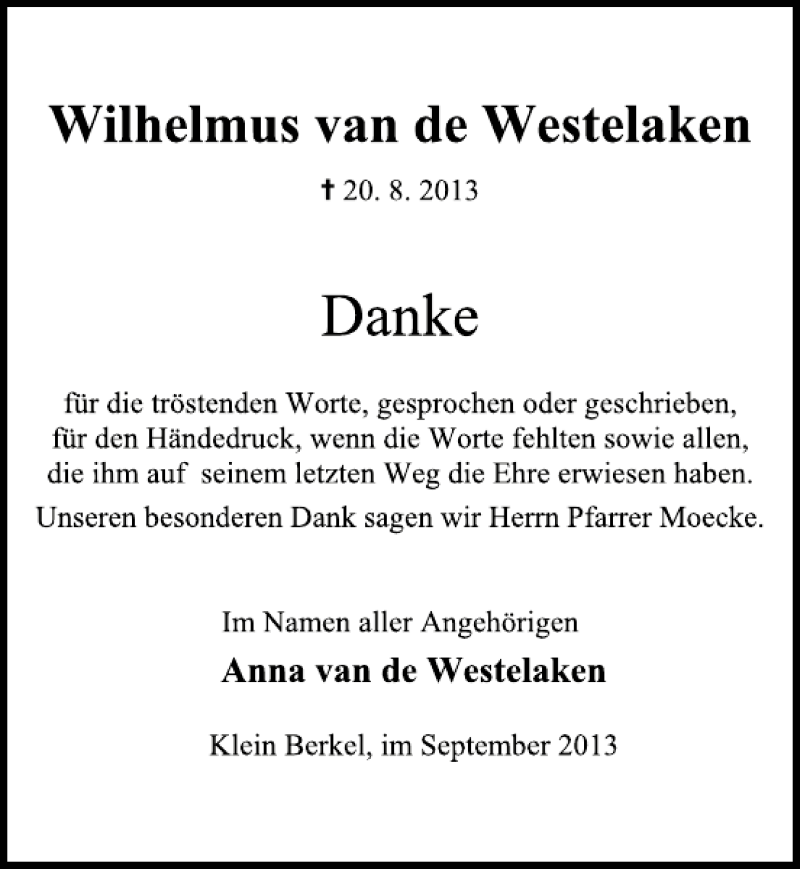  Traueranzeige für van de Westelaken vom 21.09.2013 aus Deister- und Weserzeitung