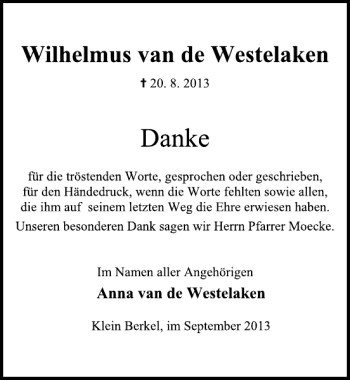 Traueranzeige von van de Westelaken von Deister- und Weserzeitung