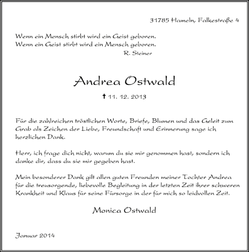  Traueranzeige für Andrea Ostwald vom 11.01.2014 aus Deister- und Weserzeitung