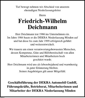 Traueranzeige von Friedrich-Wilhelm Deichmann von Deister- und Weserzeitung