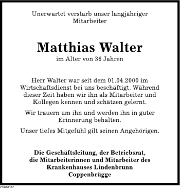 Traueranzeige von Matthias Walter von Deister- und Weserzeitung