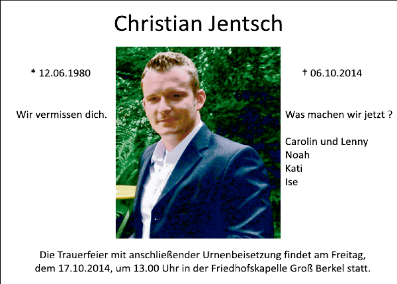  Traueranzeige für Christian Jentsch vom 11.10.2014 aus Deister- und Weserzeitung