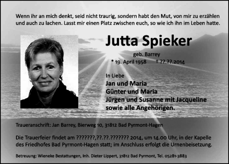  Traueranzeige für Jutta Barrey vom 01.11.2014 aus Deister- und Weserzeitung