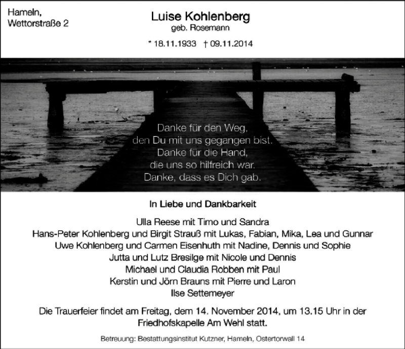  Traueranzeige für Luise Kohlenberg vom 12.11.2014 aus Deister- und Weserzeitung