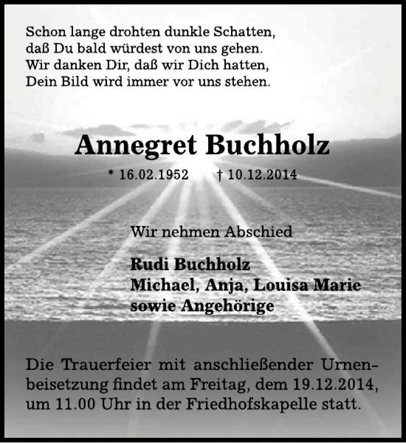  Traueranzeige für Annegret Buchholz vom 15.12.2014 aus Deister- und Weserzeitung