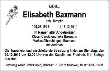 Traueranzeige von Elisabeth Baxmann von Neue Deister-Zeitung