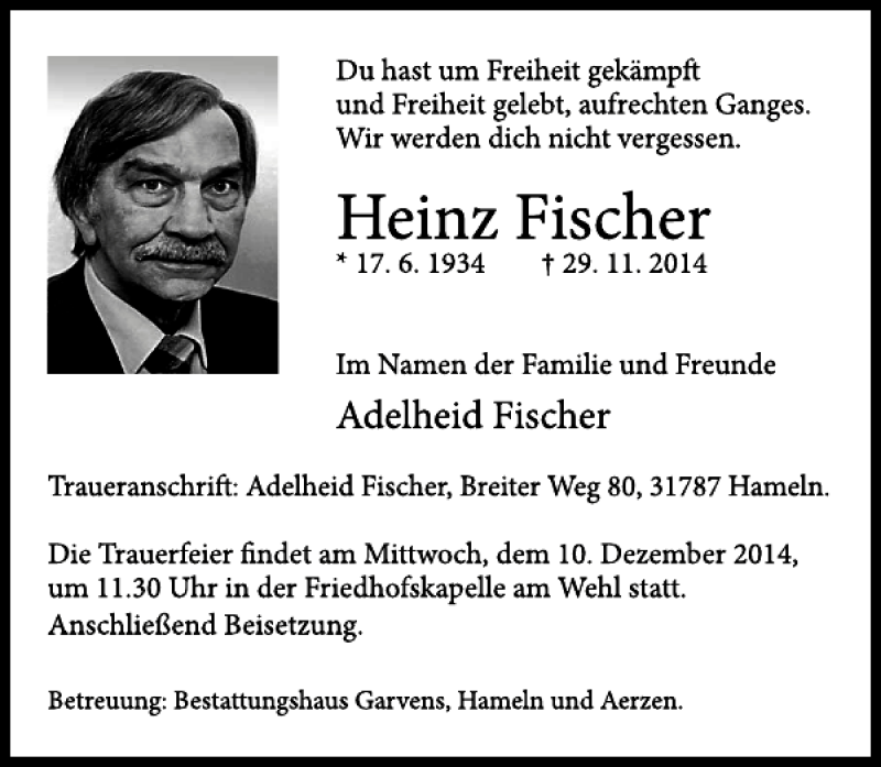  Traueranzeige für Heinz Fischer vom 06.12.2014 aus Deister- und Weserzeitung