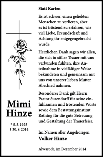Traueranzeige von Mimi Hinze von Neue Deister-Zeitung