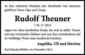 Traueranzeige von Rudolf Theuner von Neue Deister-Zeitung