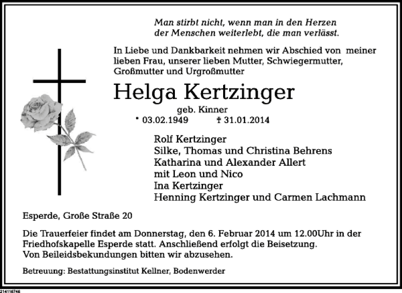  Traueranzeige für Helga Kertzinger vom 04.02.2014 aus Deister- und Weserzeitung