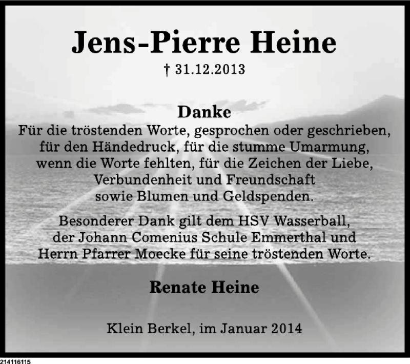  Traueranzeige für Jens-Pierre Heine vom 01.02.2014 aus Deister- und Weserzeitung