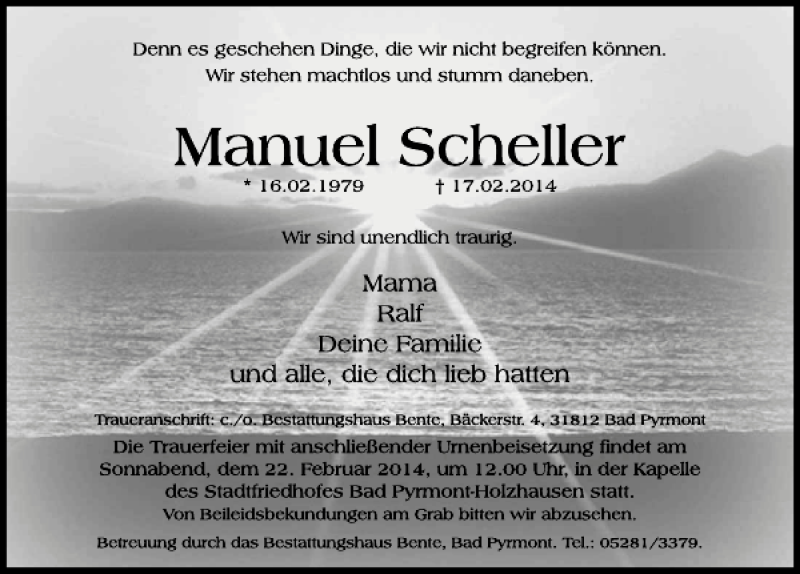  Traueranzeige für Manuel Scheller vom 20.02.2014 aus Deister- und Weserzeitung