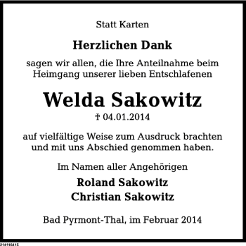Traueranzeige von Welda Sakowitz von Deister- und Weserzeitung