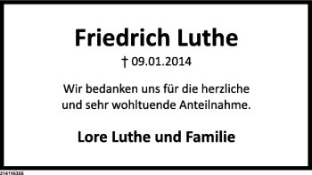 Traueranzeige von friedrich Luthe von Deister- und Weserzeitung