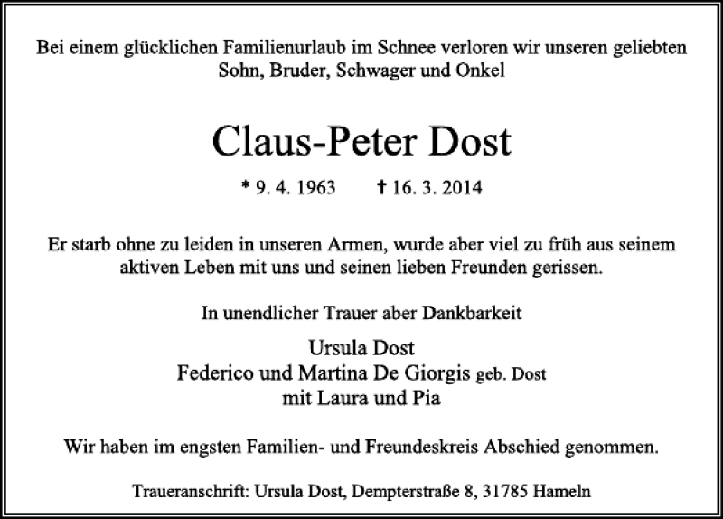  Traueranzeige für Claus-Peter Dost vom 22.03.2014 aus Deister- und Weserzeitung