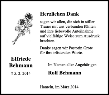 Traueranzeige von Elfriede Behmann von Deister- und Weserzeitung