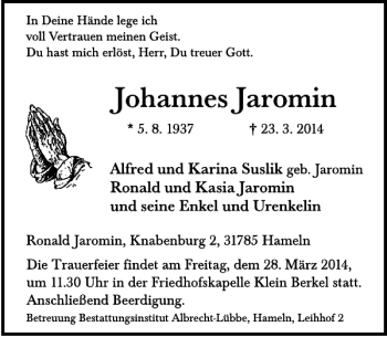 Traueranzeige von Johannes Jaromin von Deister- und Weserzeitung