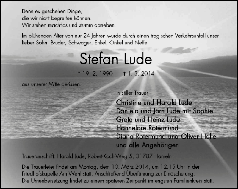  Traueranzeige für Stefan Lude vom 08.03.2014 aus Deister- und Weserzeitung