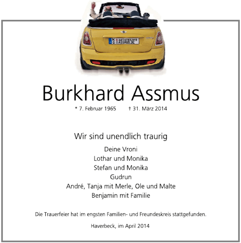  Traueranzeige für Burkhard Assmus vom 12.04.2014 aus Deister- und Weserzeitung