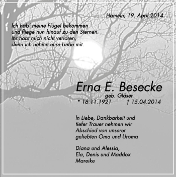 Traueranzeige von Erna E. Besecke von Deister- und Weserzeitung