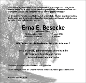 Traueranzeige von Erna E. Besecke von Deister- und Weserzeitung