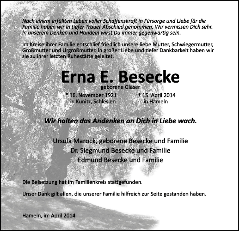  Traueranzeige für Erna E. Besecke vom 19.04.2014 aus Deister- und Weserzeitung