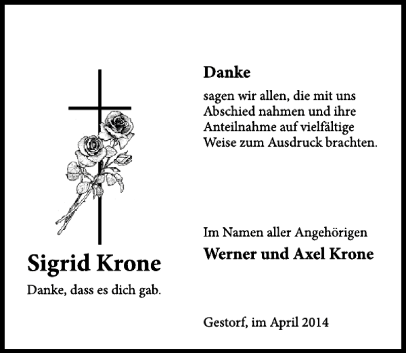  Traueranzeige für Sigrid Krone vom 24.04.2014 aus Neue Deister-Zeitung
