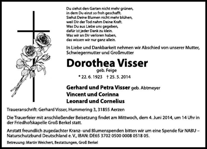  Traueranzeige für Dorothea Visser vom 31.05.2014 aus Deister- und Weserzeitung