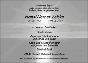 Traueranzeige von Hans-Werner Zeiske von Deister- und Weserzeitung
