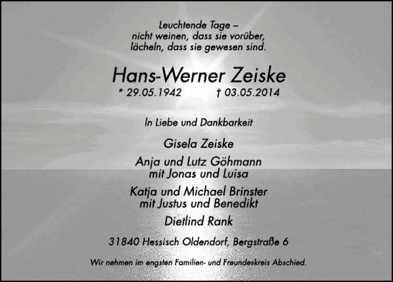  Traueranzeige für Hans-Werner Zeiske vom 09.05.2014 aus Deister- und Weserzeitung