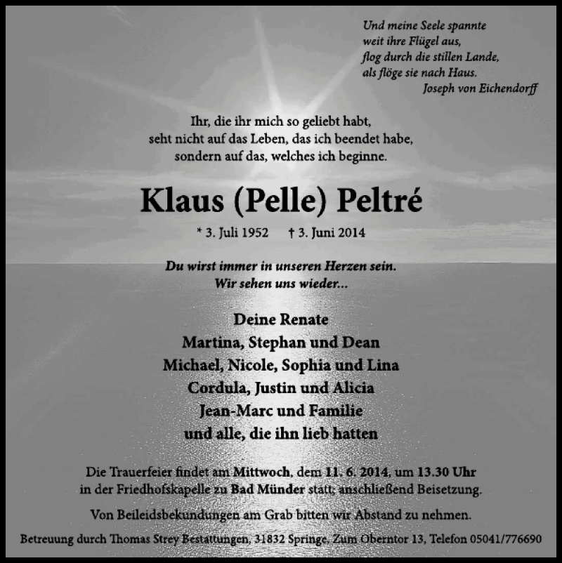  Traueranzeige für Klaus (Pelle) Peltré vom 07.06.2014 aus Neue Deister-Zeitung