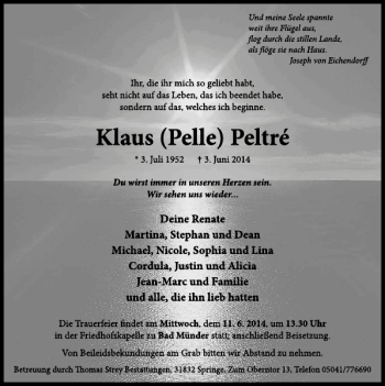 Traueranzeige von Klaus (Pelle) Peltré von Neue Deister-Zeitung
