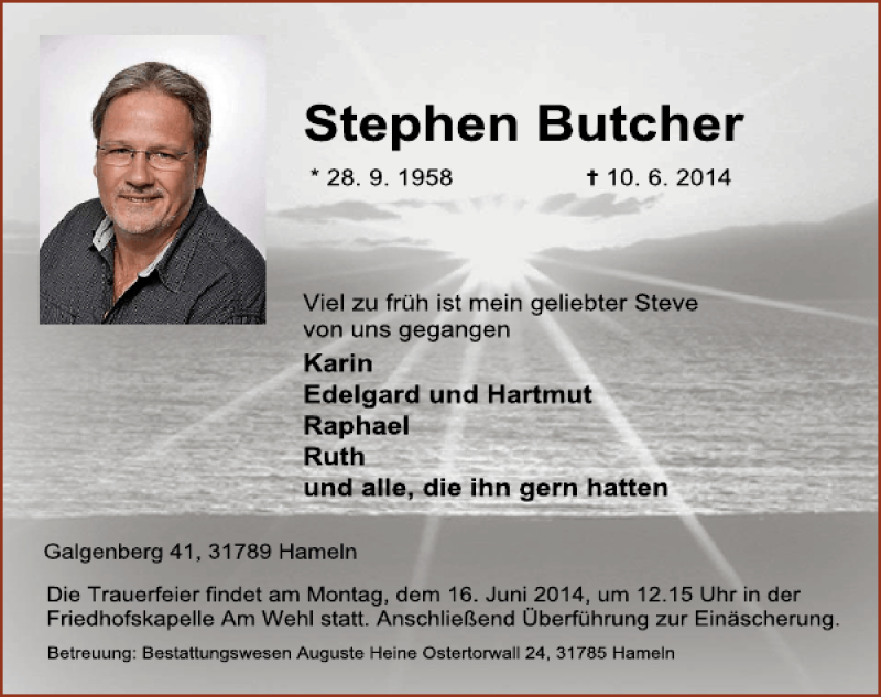 Traueranzeige für Stephen Butcher vom 14.06.2014 aus Deister- und Weserzeitung