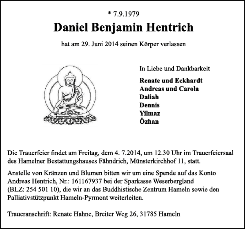  Traueranzeige für Daniel Benjamin Hentrich vom 02.07.2014 aus Deister- und Weserzeitung