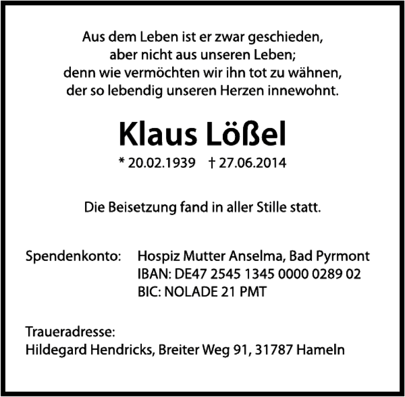  Traueranzeige für Klaus Lößel vom 26.07.2014 aus Deister- und Weserzeitung
