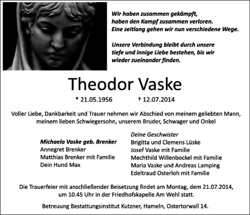  Traueranzeige für Theodor Vaske vom 16.07.2014 aus Deister- und Weserzeitung