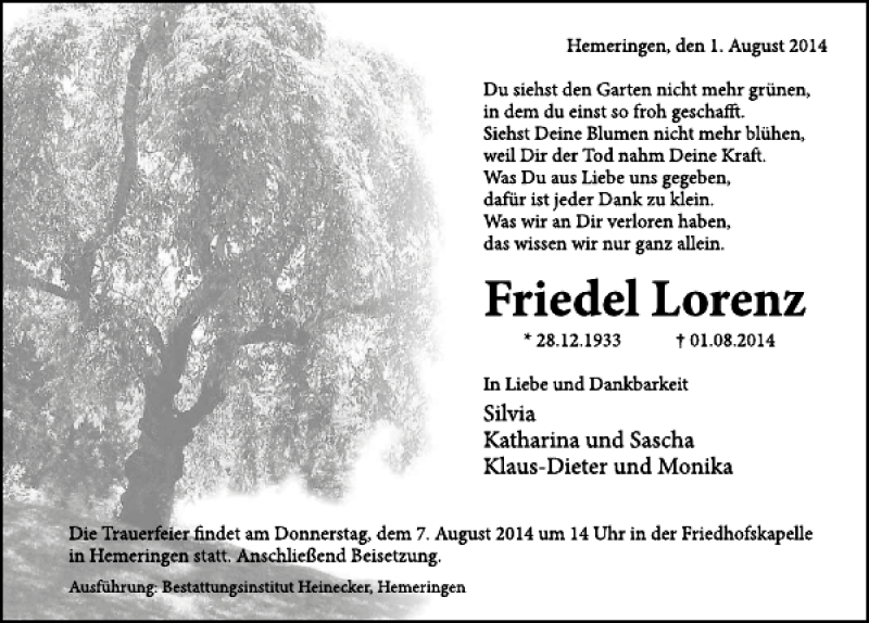  Traueranzeige für Friedel Lorenz vom 05.08.2014 aus Deister- und Weserzeitung