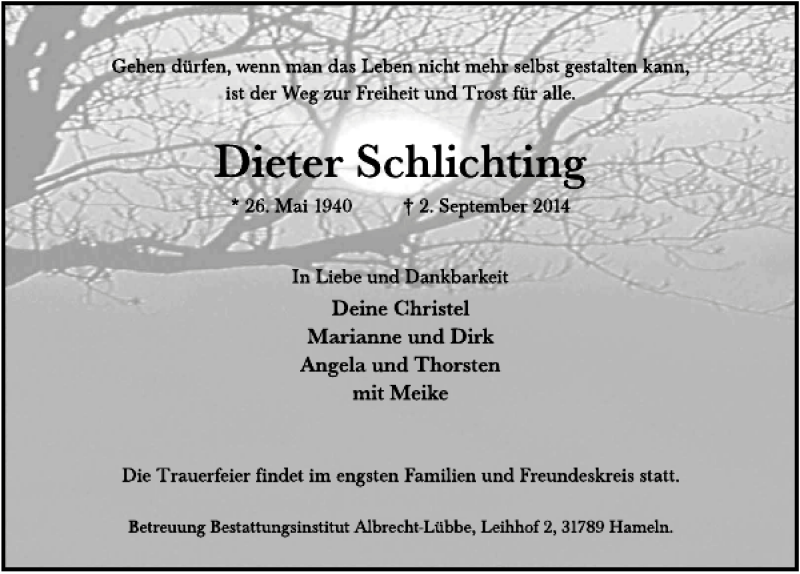  Traueranzeige für Dieter Schlichting vom 10.09.2014 aus Deister- und Weserzeitung
