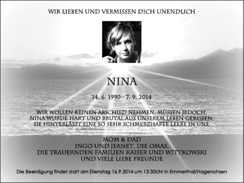  Traueranzeige für Nina Kaiser vom 13.09.2014 aus Deister- und Weserzeitung