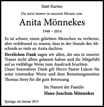 Traueranzeige von Anita Mönnekes von Neue Deister-Zeitung