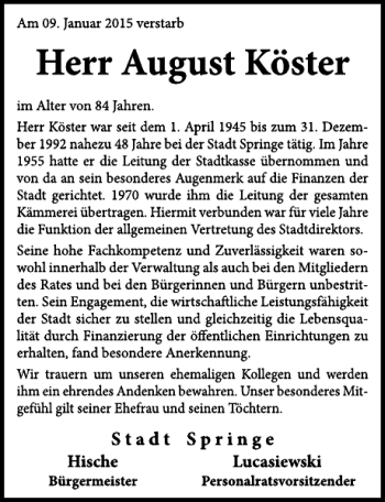 Traueranzeige von August Köster von Neue Deister-Zeitung