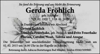Traueranzeige von Gerda Fröhlich von Neue Deister-Zeitung