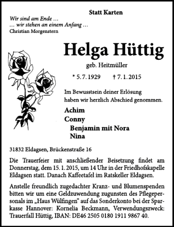 Traueranzeige von Helga Hüttig von Neue Deister-Zeitung