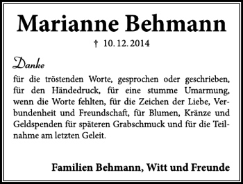 Traueranzeige von Marianne Behmann von Neue Deister-Zeitung