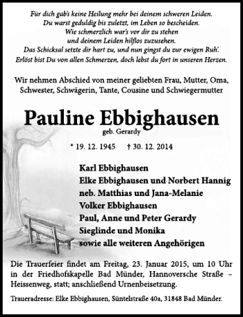 Traueranzeige von Pauline Ebbighausen von Neue Deister-Zeitung